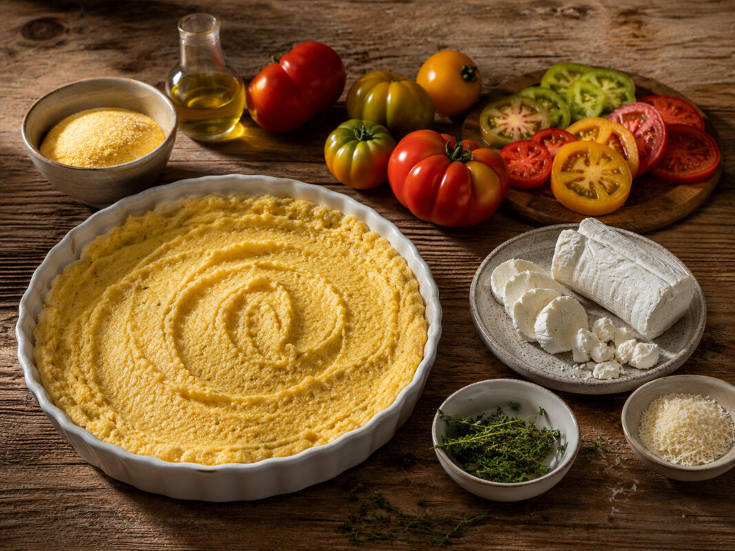 Zutaten- und Vorbereitungsansicht mit gekochter Polenta in der Tarteform, bunten Tomaten, Ziegenkäse, Parmesan, Olivenöl und Thymian.