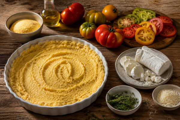 Zutaten- und Vorbereitungsansicht mit gekochter Polenta in der Tarteform, bunten Tomaten, Ziegenkäse, Parmesan, Olivenöl und Thymian.