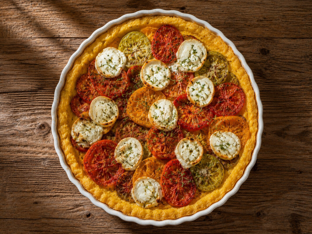 Draufsicht auf die fertig gebackene Polenta-Tarte in derselben weißen geriffelten Tarteform mit bunten Tomaten, Ziegenkäse und Thymian.
