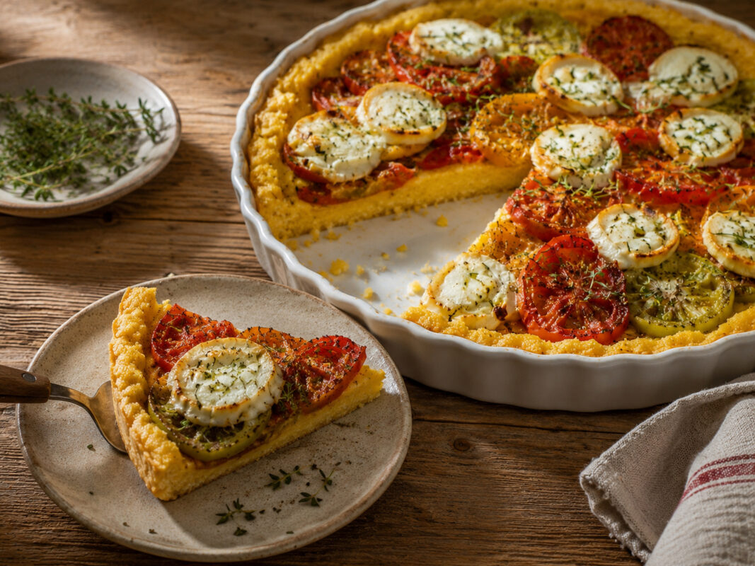 Serviersituation mit einem Stück Polenta-Tarte auf einem hellen Teller; die angeschnittene Tarteform mit Tomaten, Ziegenkäse und Thymian steht im Hintergrund.