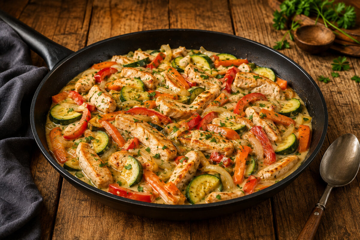 Fertige Puten-Gemüse-Pfanne in heller cremiger parver Sauce, Hauptansicht in schwarzer Pfanne auf rustikalem Holztisch.