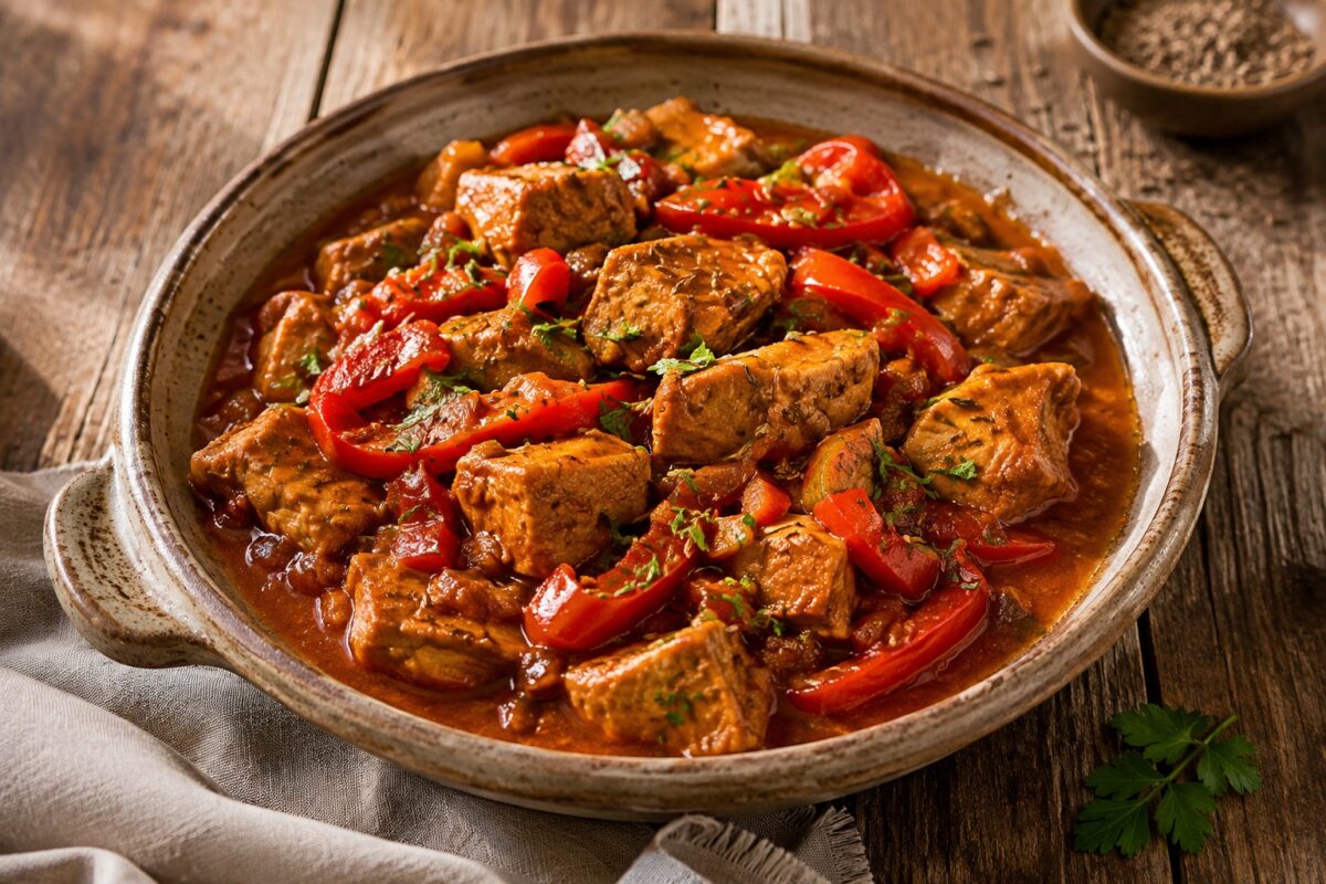 Breite rustikale Keramikschale mit würzigem Puten-Gulasch, roten Paprikastreifen und glänzender Schmorsoße.