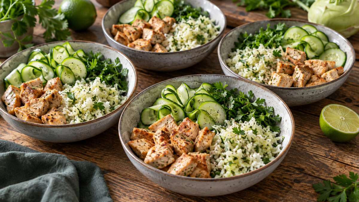 Puten-Gurken-Bowl mit Kräuter-Kohlrabireis
