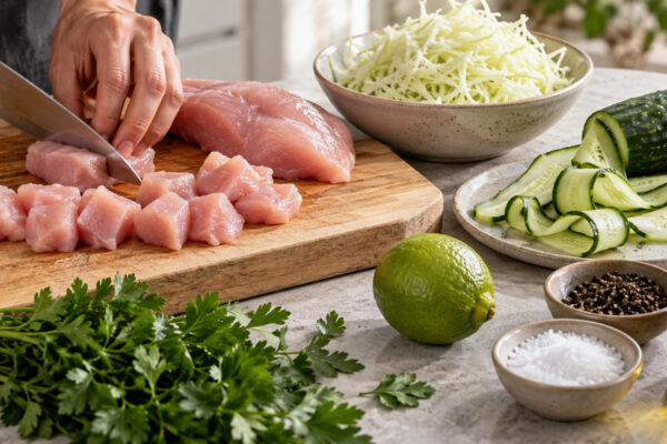 Puten-Gurken-Bowl mit Kräuter-Kohlrabireis