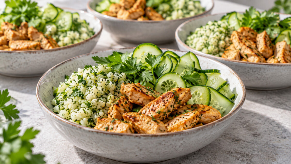 Puten-Gurken-Bowl mit Kräuter-Kohlrabireis