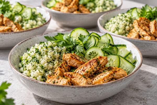 Puten-Gurken-Bowl mit Kräuter-Kohlrabireis