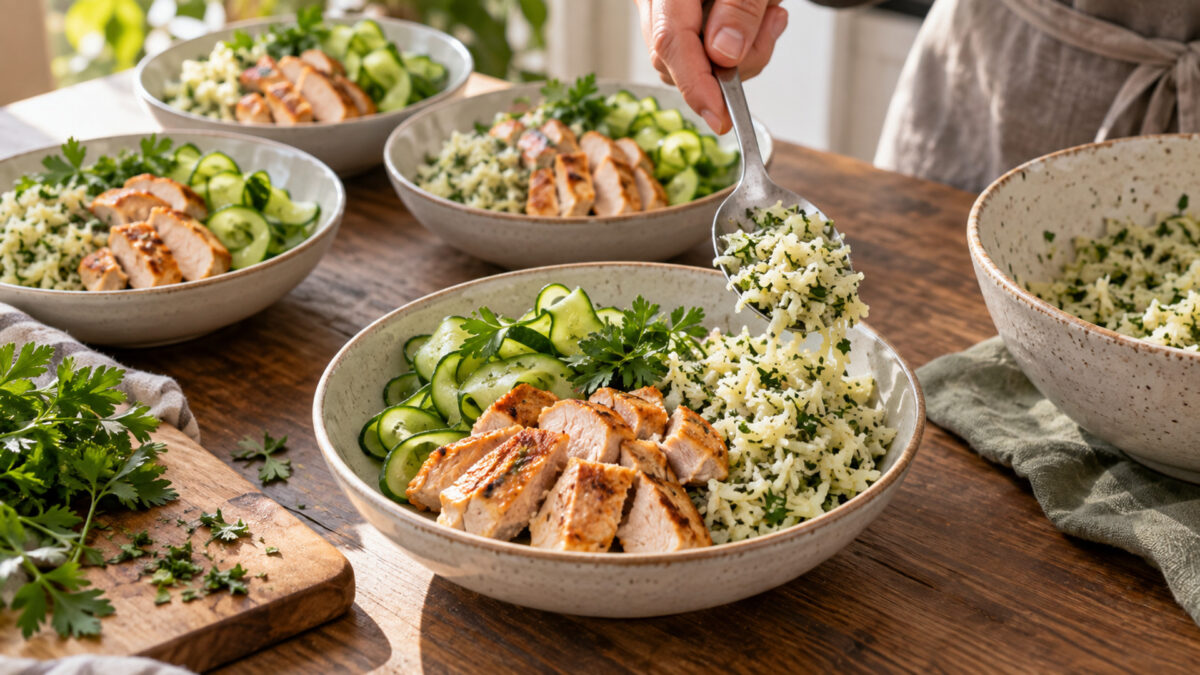 Puten-Gurken-Bowl mit Kräuter-Kohlrabireis