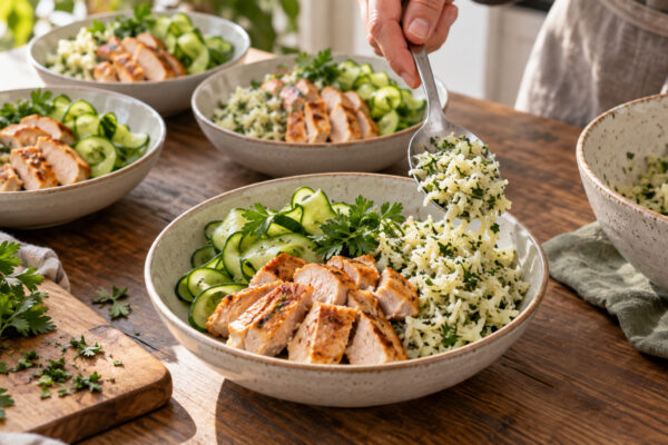 Puten-Gurken-Bowl mit Kräuter-Kohlrabireis