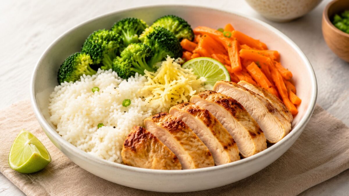 Hauptansicht des fertigen Gerichts: Echte Bowl mit klar getrennten Segmenten aus Putenbrustfilet, Reis und Brokkoli und Möhren; Zutaten erst beim Essen mischbar und optisch deutlich voneinander abgegrenzt. Das gesamte Gericht zentral und 4:3-crop-sicher…