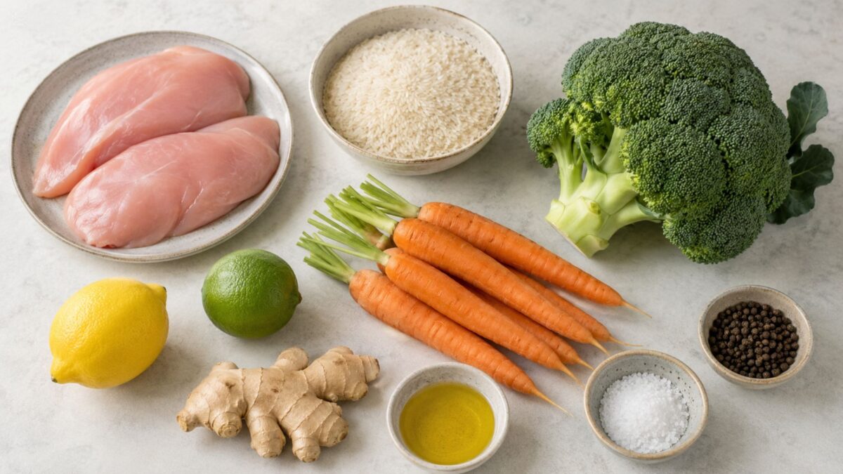 Übersicht aller Zutaten für „Puten-Reis-Bowl mit Brokkoli und Möhren“ auf heller Arbeitsfläche, sauber gruppiert, ohne Verpackungsschrift und ohne fertiges Gericht.