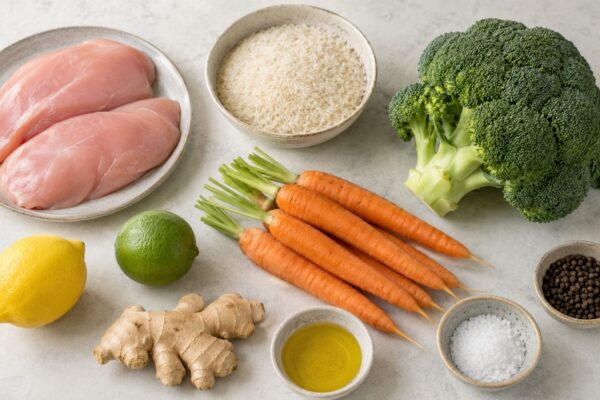 Übersicht aller Zutaten für „Puten-Reis-Bowl mit Brokkoli und Möhren“ auf heller Arbeitsfläche, sauber gruppiert, ohne Verpackungsschrift und ohne fertiges Gericht.