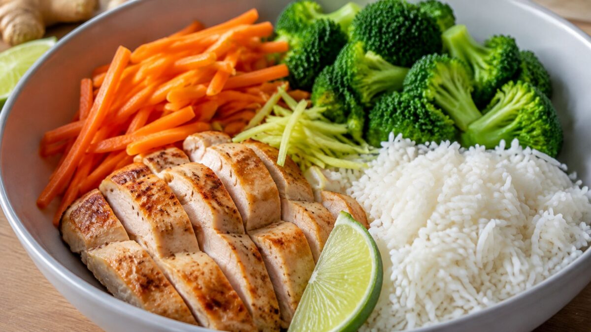 Alternative Perspektive des fertigen Gerichts: Echte Bowl mit klar getrennten Segmenten aus Putenbrustfilet, Reis und Brokkoli und Möhren; Zutaten erst beim Essen mischbar und optisch deutlich voneinander abgegrenzt. Etwas näher aufgenommen, natürliche r…