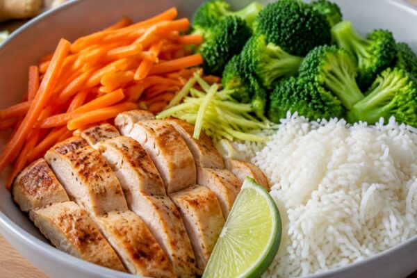 Alternative Perspektive des fertigen Gerichts: Echte Bowl mit klar getrennten Segmenten aus Putenbrustfilet, Reis und Brokkoli und Möhren; Zutaten erst beim Essen mischbar und optisch deutlich voneinander abgegrenzt. Etwas näher aufgenommen, natürliche r…