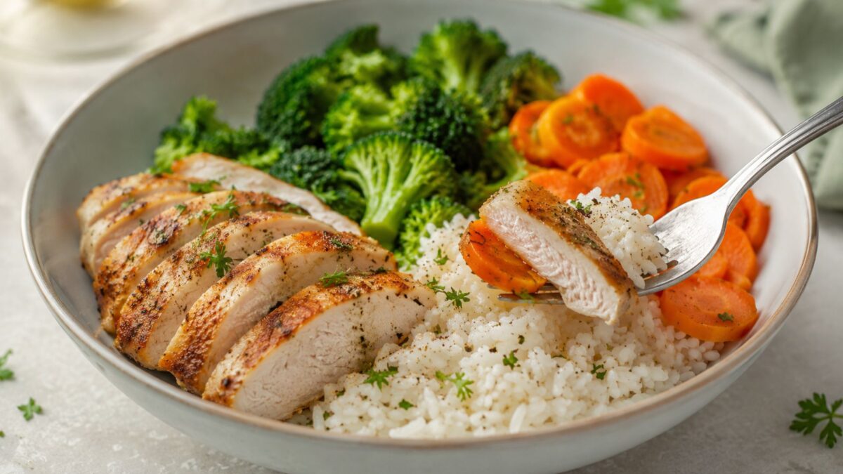 Lebendige Servierszene für „Puten-Reis-Bowl mit Brokkoli und Möhren“: eine Gabel oder ein Besteckteil nimmt gerade eine Portion auf; Putenbrustfilet, Reis und Brokkoli und Möhren bleiben trotzdem klar erkennbar.