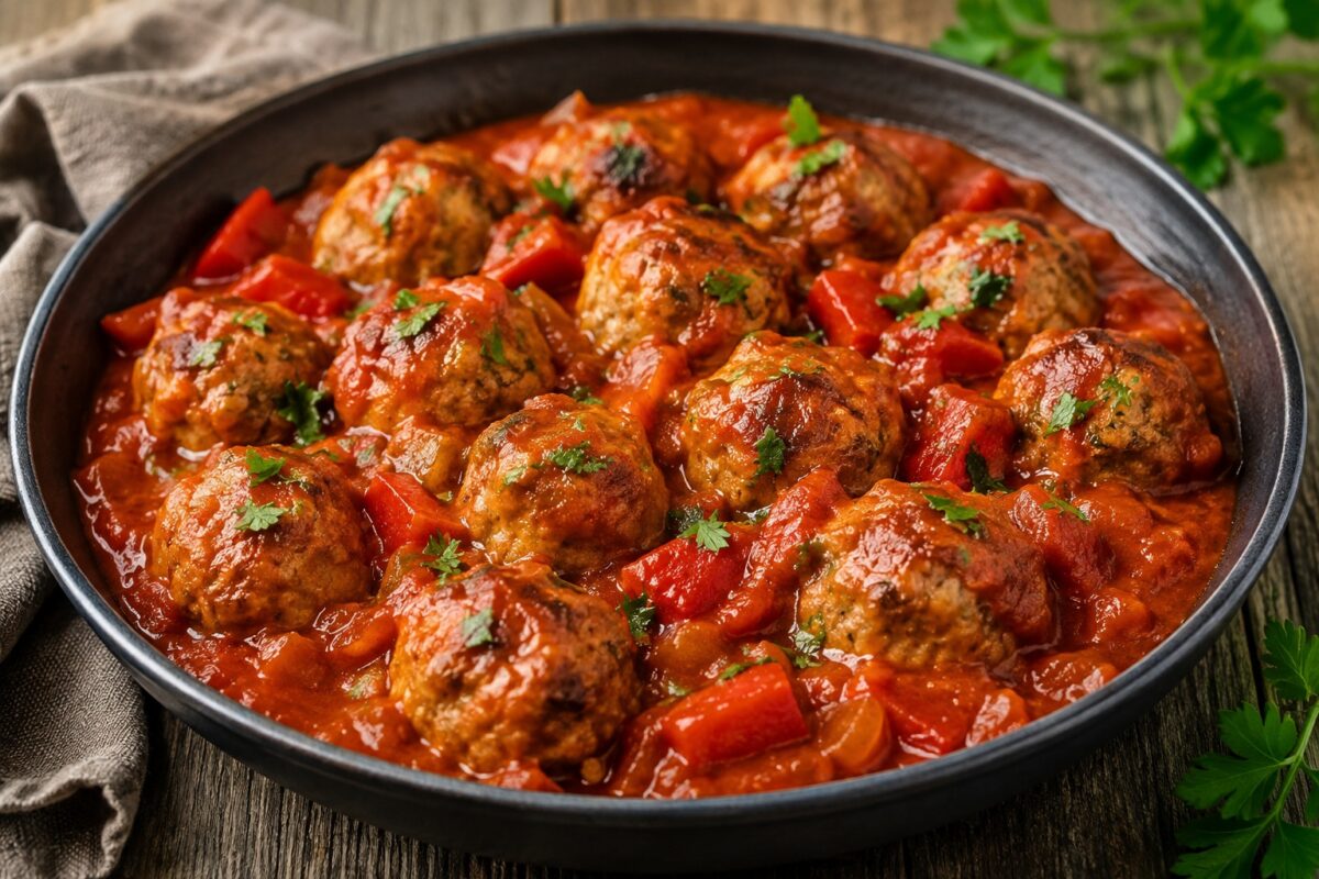 Schwarze Pfanne mit deutlich sichtbaren runden Fleischbällchen in kräftiger Paprika-Tomatensauce.