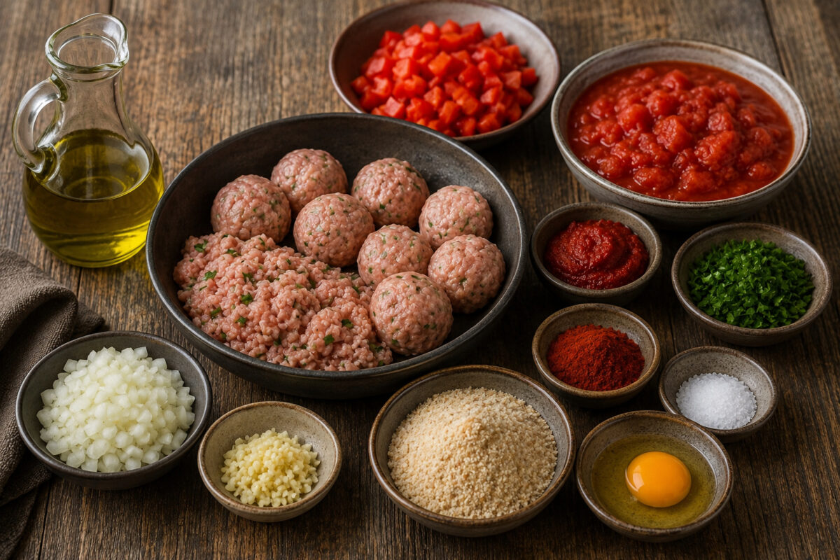 Zutaten- oder Vorbereitungsansicht mit Putenhackfleisch, Zwiebel, Knoblauch, Paniermehl, Ei, Petersilie, Paprikapulver, Olivenöl, roter Paprika, gehackten Tomaten, Tomatenmark, Salz und schwarzem Pfeffer.
