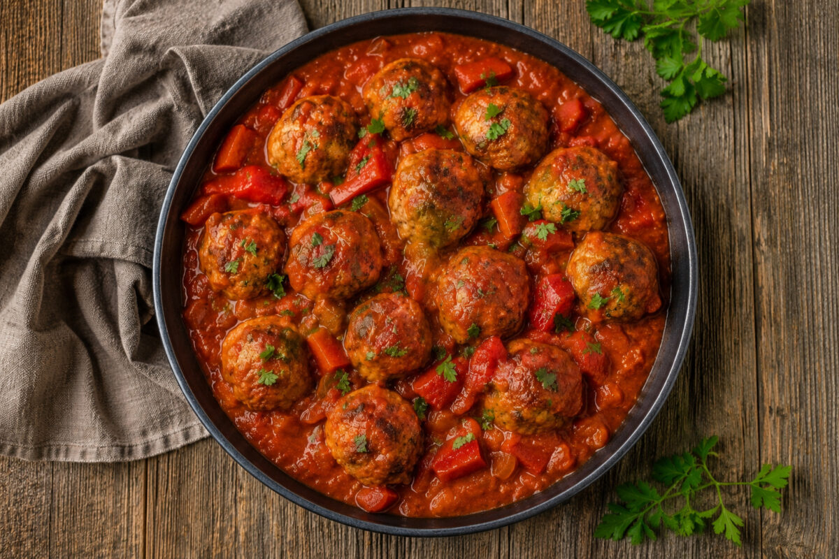 Draufsicht auf die fertigen Putenbällchen in kräftiger Paprika-Tomatensauce in der schwarzen Pfanne.
