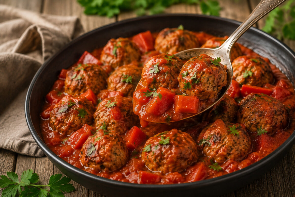 Servierszene der Putenbällchen in Paprika-Tomatensauce mit entnommener Portion auf einem Löffel in der schwarzen Pfanne.