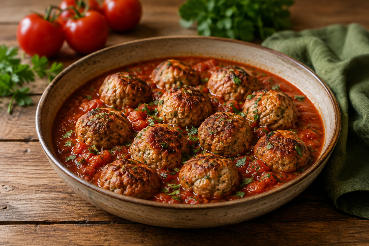 Fertiges Gericht: gebräunte Putenbällchen in kräftiger Tomaten-Kräuter-Sauce mit Petersilie, rustikal angerichtet.