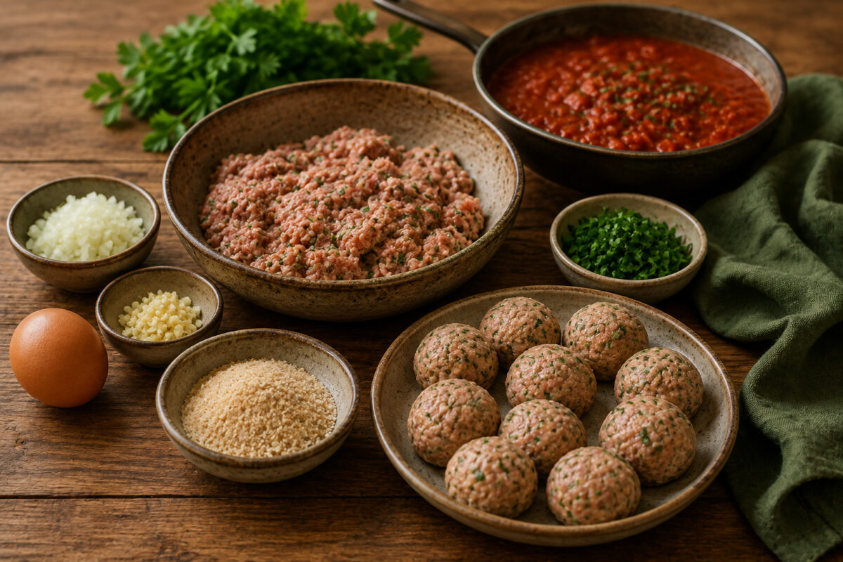Zutaten- und Vorbereitungsansicht mit Putenhackmischung, Ei, Semmelbröseln, Zwiebel, Knoblauch, Petersilie, Tomatensauce und geformten rohen Putenbällchen.