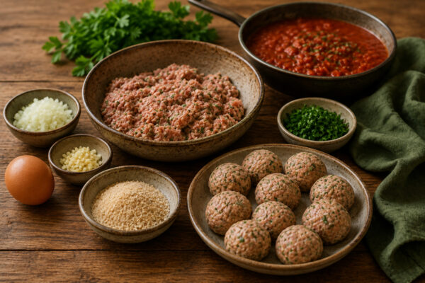 Zutaten- und Vorbereitungsansicht mit Putenhackmischung, Ei, Semmelbröseln, Zwiebel, Knoblauch, Petersilie, Tomatensauce und geformten rohen Putenbällchen.