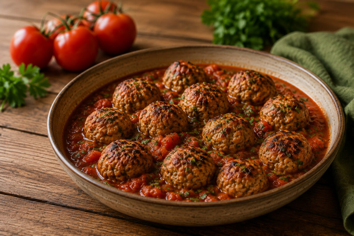 Fertiges Gericht aus deutlich anderer Perspektive: gebräunte Putenbällchen in Tomaten-Kräuter-Sauce mit Petersilie.