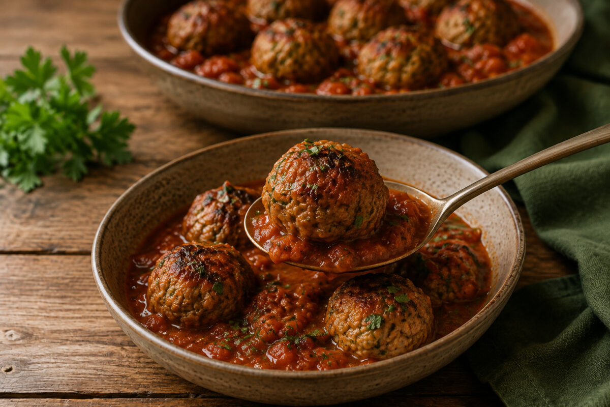 Servierdetail: ein Putenbällchen mit Tomaten-Kräuter-Sauce wird auf einem Löffel angehoben; weitere Bällchen im Hintergrund.