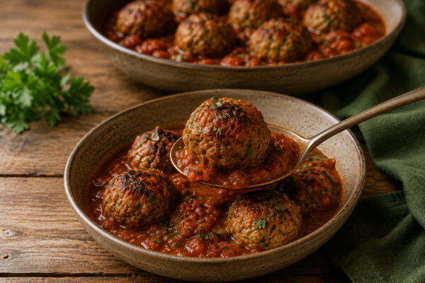Servierdetail: ein Putenbällchen mit Tomaten-Kräuter-Sauce wird auf einem Löffel angehoben; weitere Bällchen im Hintergrund.