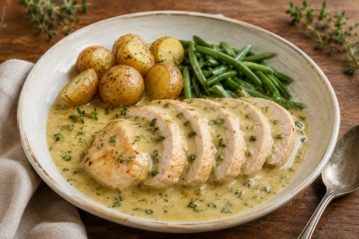 Großer flacher heller Teller mit in Scheiben geschnittener Putenbrust in heller Senf-Kräuter-Sauce, dazu kleine goldene Kartoffeln und grüne Bohnen.