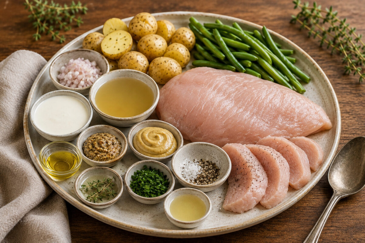 Zutaten- und Vorbereitungsansicht auf demselben großen flachen hellen Teller im gleichen rustikalen Set: rohe Putenbrust, kleine Kartoffeln, grüne Bohnen, fein gewürfelte Schalotte, Geflügelfond, pflanzliche Kochcreme, körniger und Dijon-Senf, gehackte P…