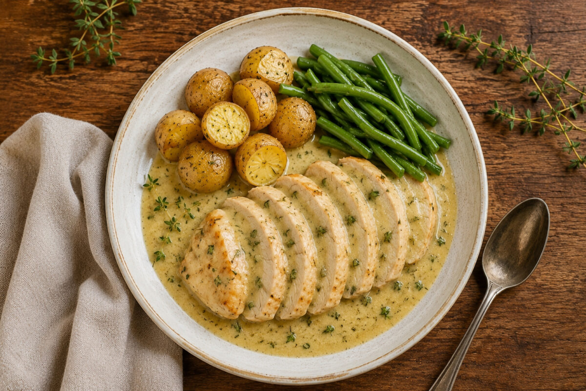 Draufsicht auf den fertig angerichteten Teller mit in Scheiben geschnittener Putenbrust in heller Senf-Kräuter-Sauce, kleinen goldenen Kartoffeln und grünen Bohnen, in derselben Farbwelt und mit denselben Requisiten.