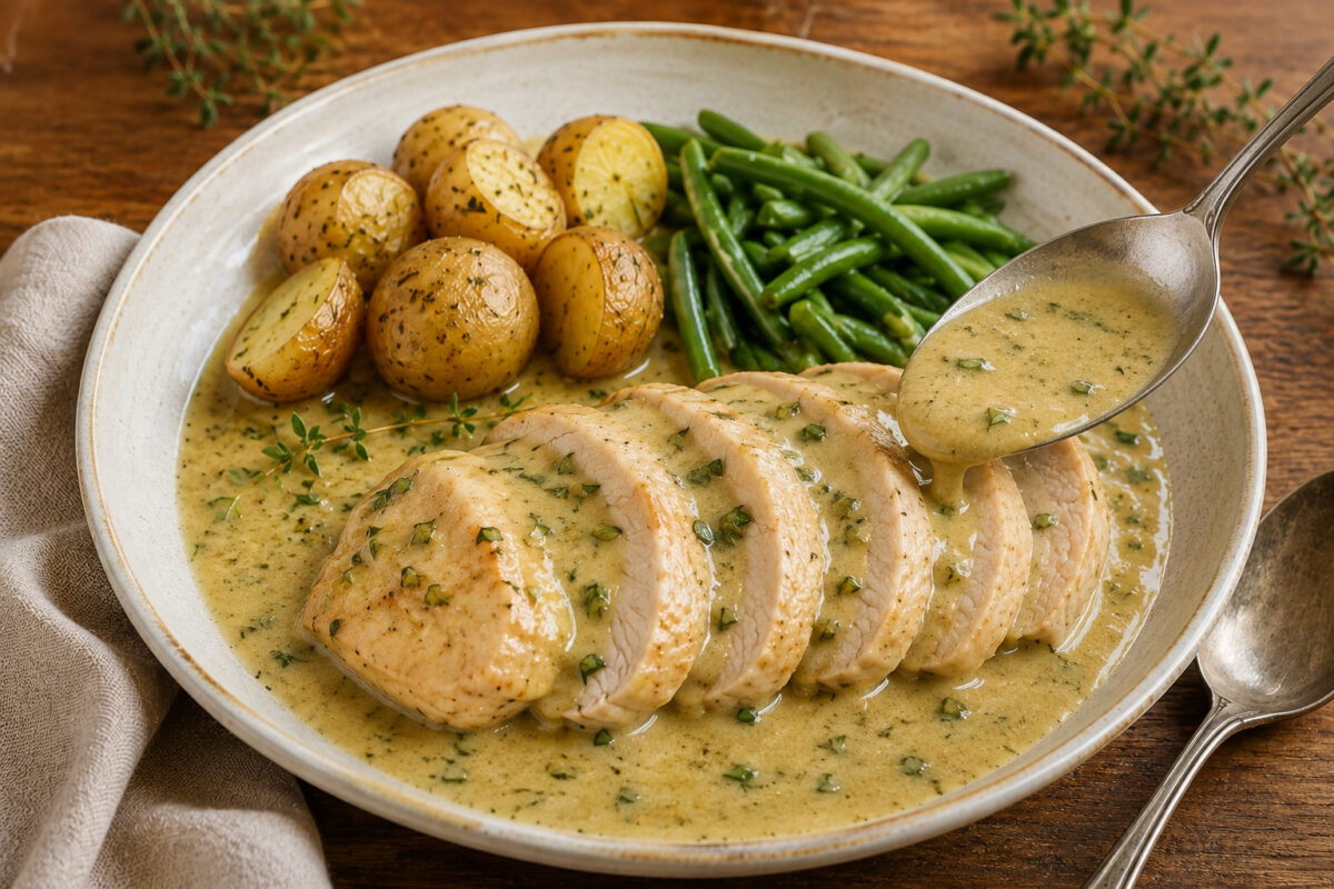 Serviersituation mit dem fertig angerichteten Teller; eine große neutrale Löffelportion Senf-Kräuter-Sauce wird über die geschnittene Putenbrust gegeben, dazu kleine goldene Kartoffeln und grüne Bohnen.