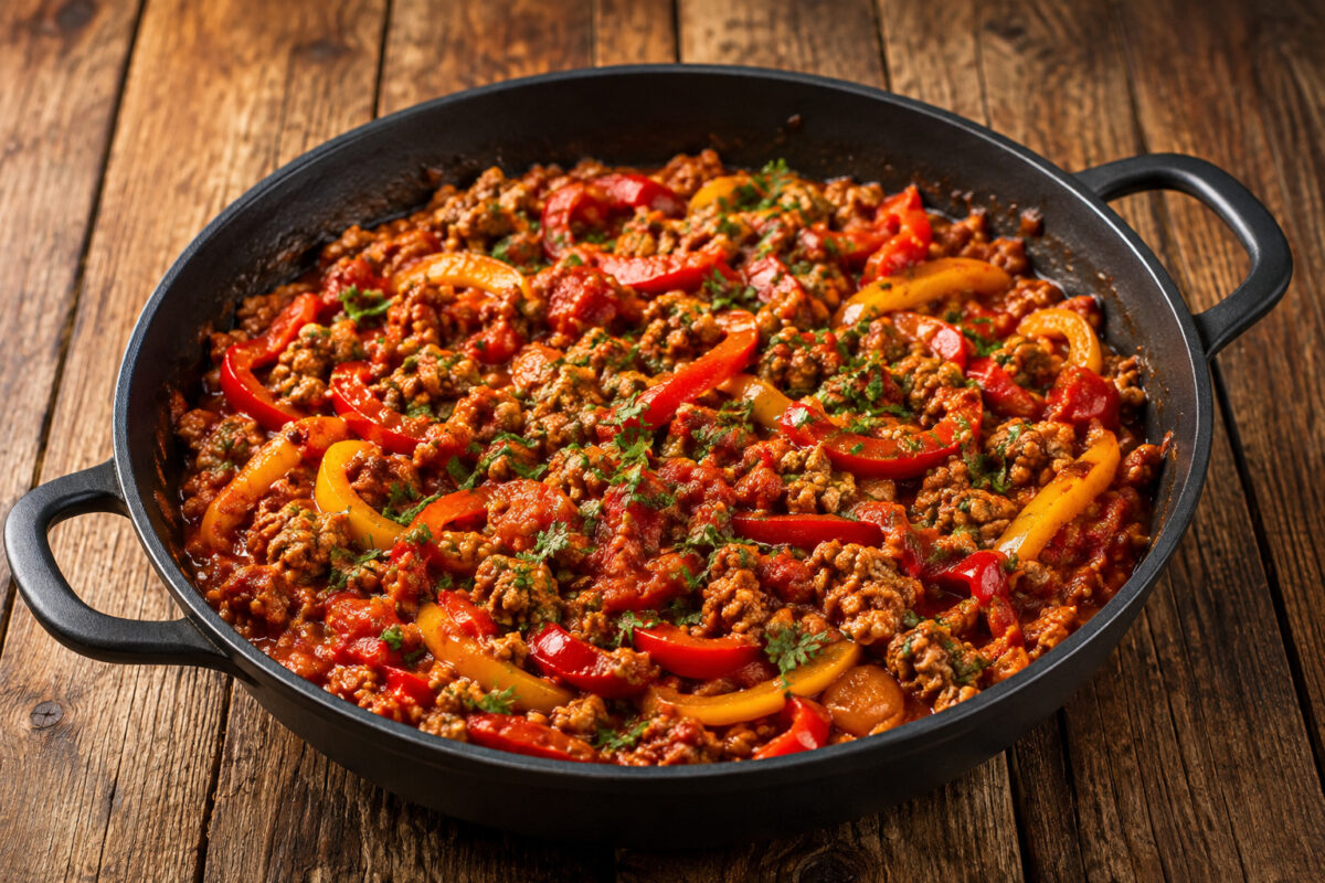 Fertige Putenhack-Paprika-Pfanne in schwarzer Pfanne auf rustikalem Holz, mit roten und gelben Paprikastreifen und Petersilie.