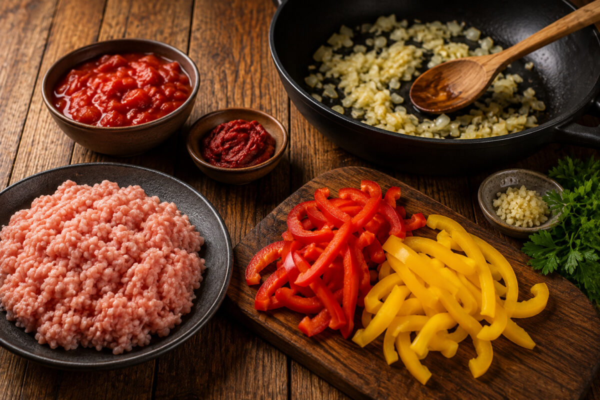 Zutaten- und Vorbereitungsansicht mit Putenhack, roten und gelben Paprikastreifen, Zwiebel, Knoblauch, Tomaten, Tomatenmark und Petersilie.