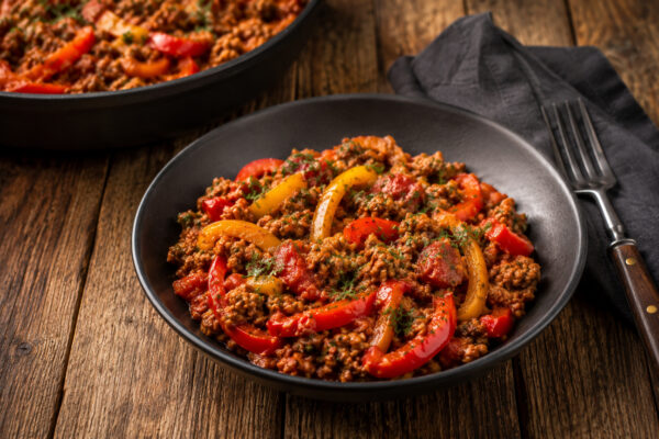 Servierszene mit einer Portion Putenhack-Paprika-Pfanne in dunklem Geschirr; die Pfanne ist im Hintergrund sichtbar.
