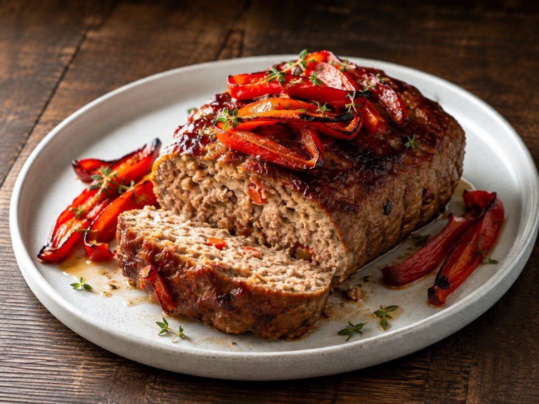 Ein einzelner gebräunter Putenhackbraten auf einem hellen Teller, angeschnitten mit sichtbarer lockerer Fleischstruktur, geröstete rote Paprika auf und neben dem Braten sowie frische Kräuter.