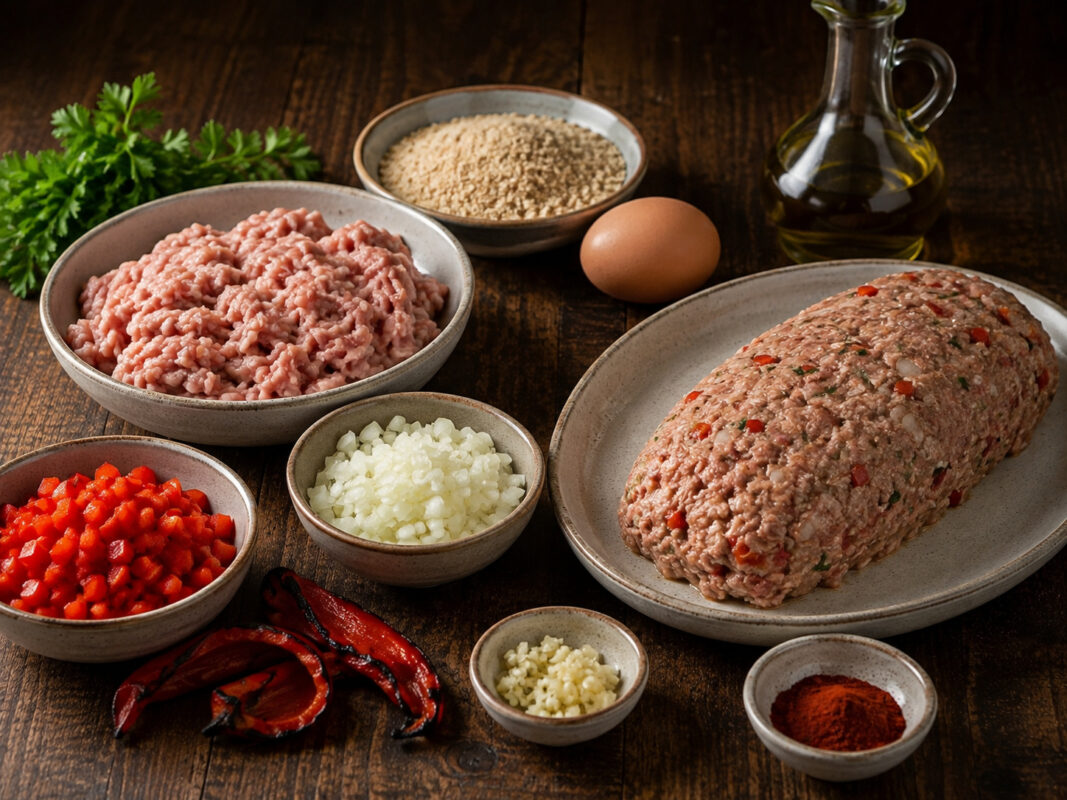 Zutaten- und Vorbereitungsansicht mit Putenhackfleisch, gerösteter roter Paprika, Zwiebel, Knoblauch, Ei, Semmelbröseln, Kräutern und Gewürzen.
