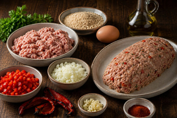 Zutaten- und Vorbereitungsansicht mit Putenhackfleisch, gerösteter roter Paprika, Zwiebel, Knoblauch, Ei, Semmelbröseln, Kräutern und Gewürzen.
