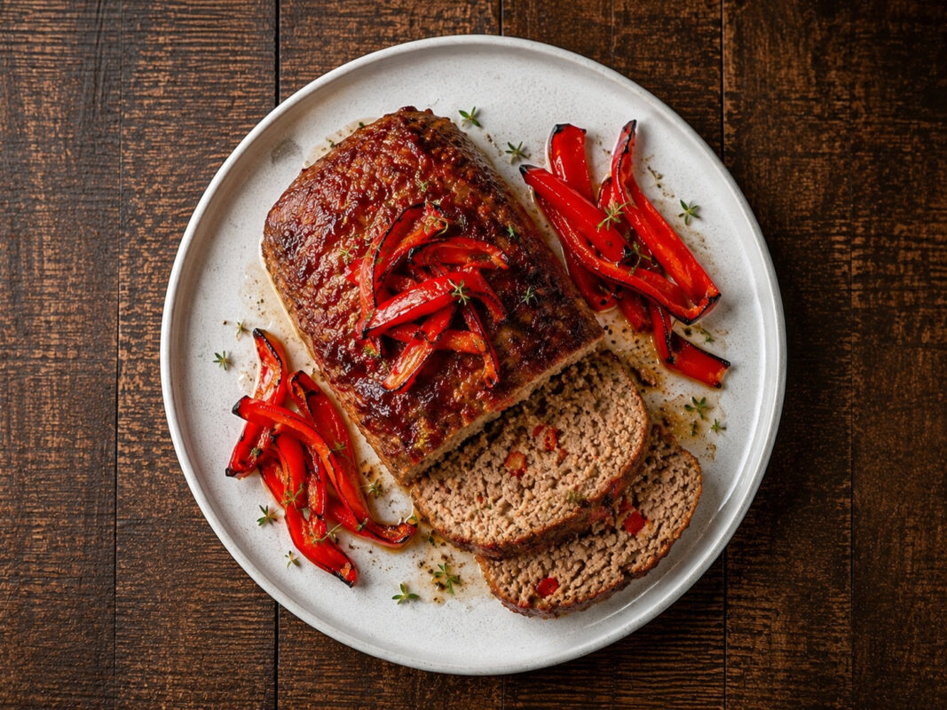 Draufsicht auf den fertigen Putenhackbraten mit gerösteter Paprika auf hellem Teller.