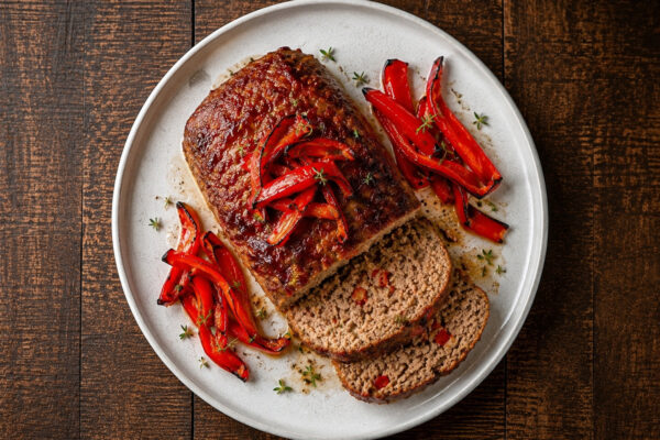 Draufsicht auf den fertigen Putenhackbraten mit gerösteter Paprika auf hellem Teller.
