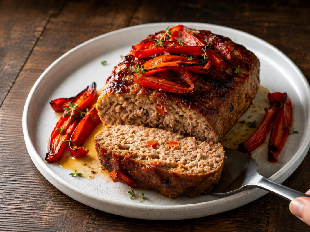 Nahe Servieransicht des angeschnittenen Putenhackbratens mit gerösteter Paprika.