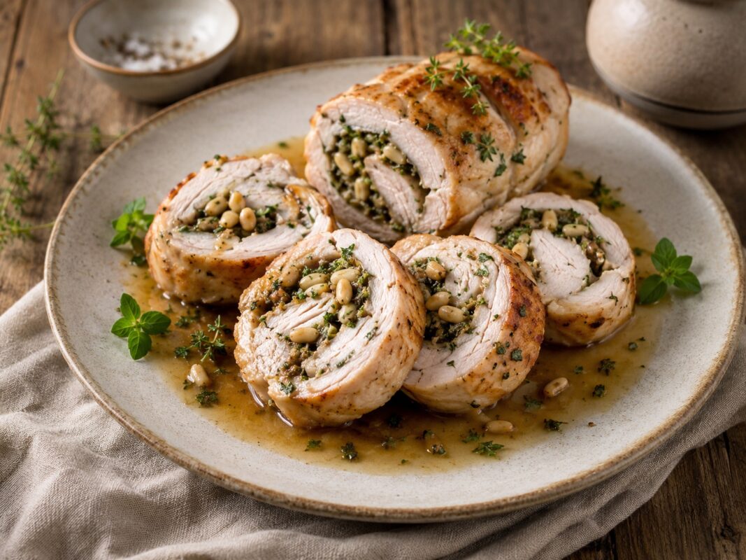 Helle Platte mit aufgeschnittenen Putenrouladen, sichtbarer Kräuter-Pinienkern-Füllung und leichter Sauce.