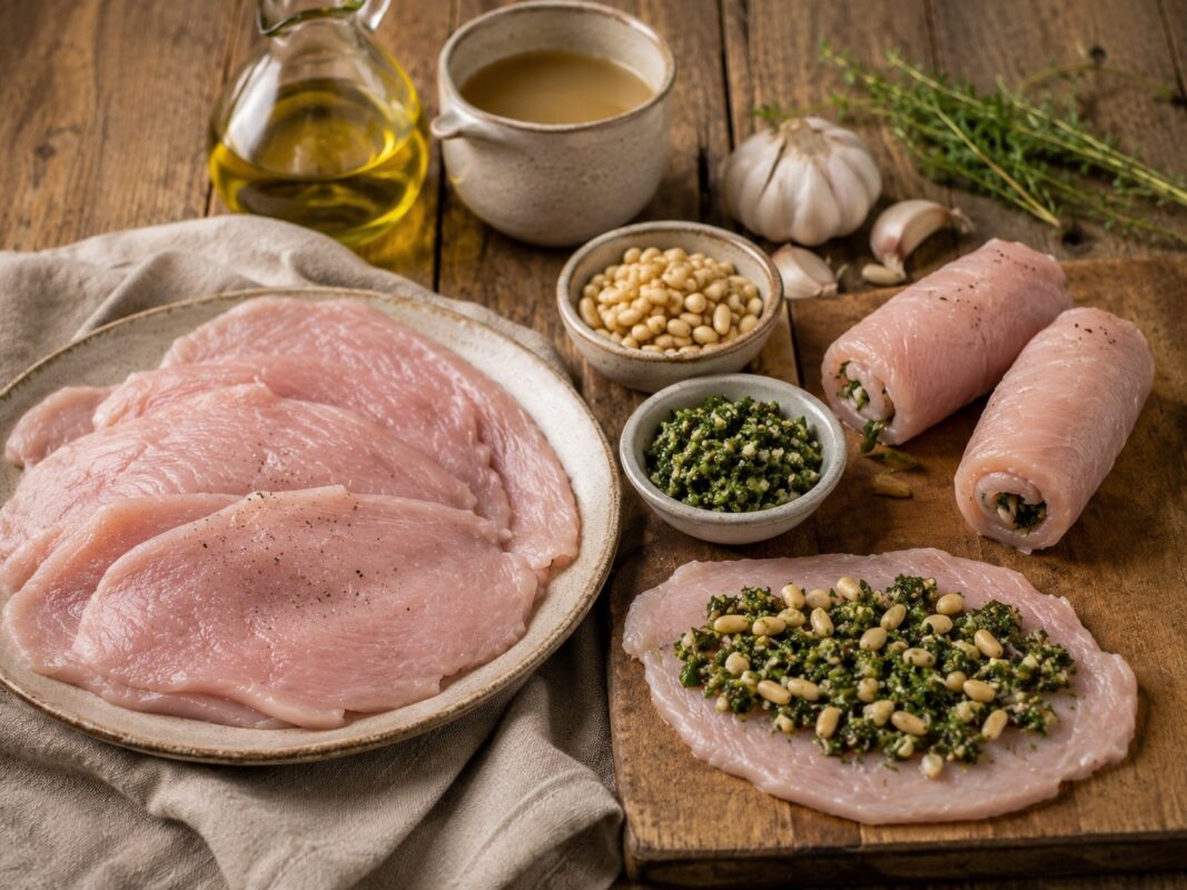 Zutaten- und Vorbereitungsansicht mit Putenschnitzeln, Kräuterfüllung, Pinienkernen, Knoblauch und Brühe.