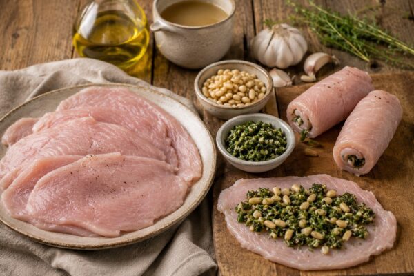 Zutaten- und Vorbereitungsansicht mit Putenschnitzeln, Kräuterfüllung, Pinienkernen, Knoblauch und Brühe.