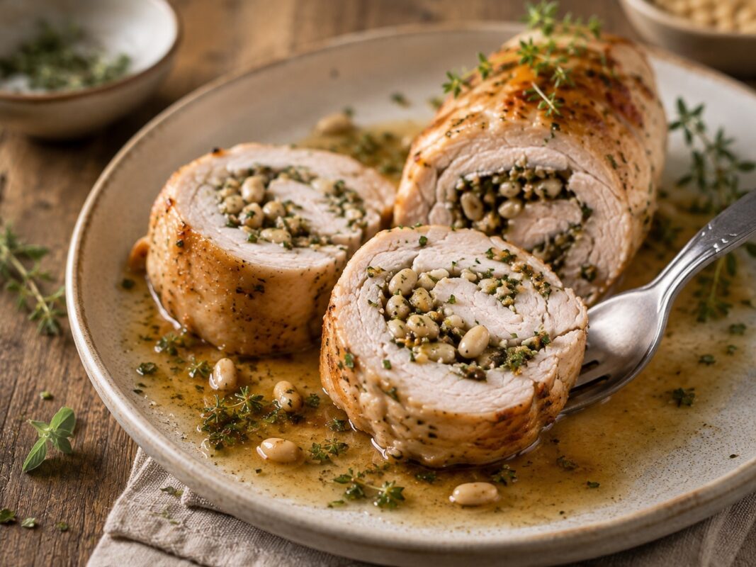 Servierszene mit einer Putenroulade auf der Gabel, leichter Sauce und sichtbarer Kräuter-Pinienkern-Füllung.