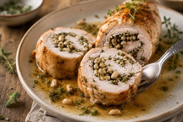 Servierszene mit einer Putenroulade auf der Gabel, leichter Sauce und sichtbarer Kräuter-Pinienkern-Füllung.
