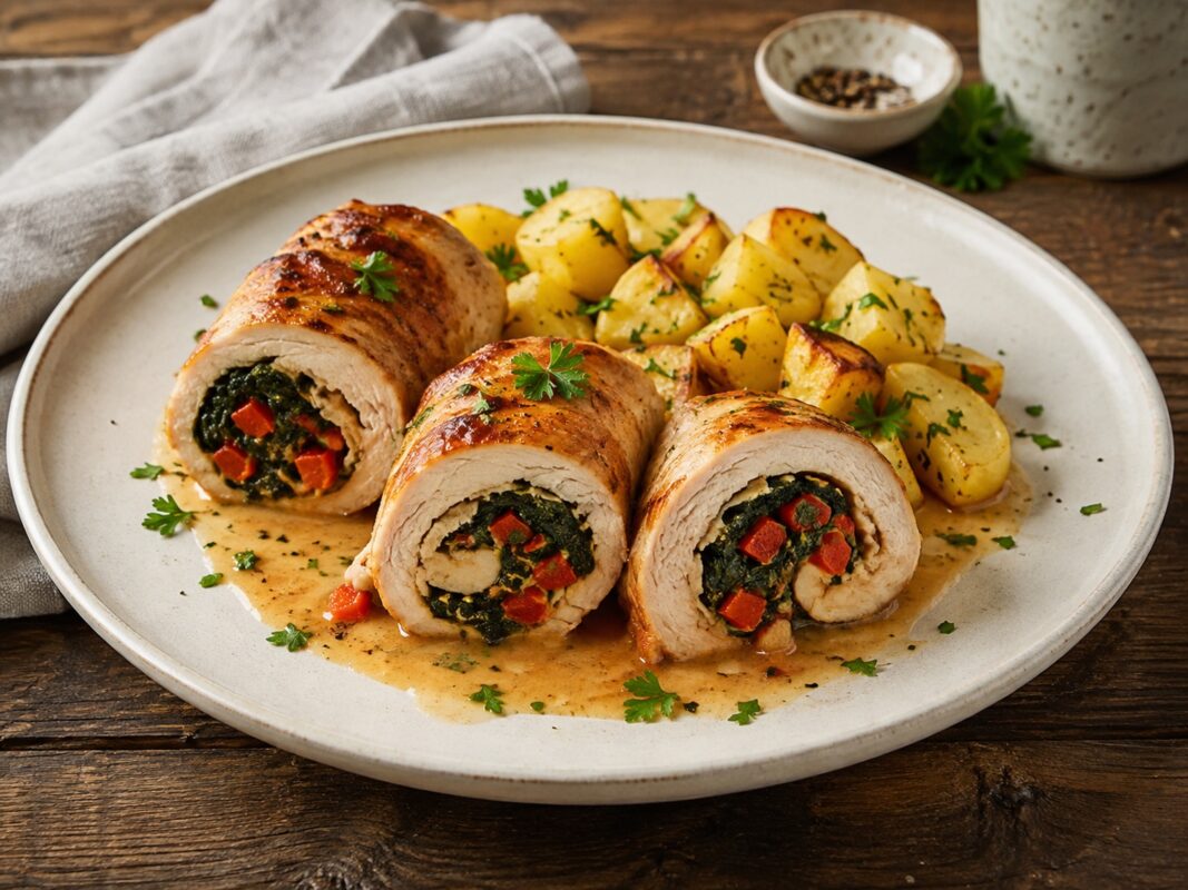 Drei aufgeschnittene Putenrouladen mit Spinat-Paprika-Füllung auf großem Teller, dazu goldene Kartoffeln und etwas Sauce.