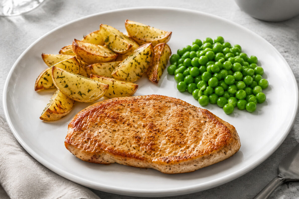 Hauptansicht des fertigen Gerichts: Putensteak als klarer Hauptbestandteil; Kartoffeln und Erbsen getrennt und mit sichtbaren Zwischenräumen daneben angerichtet. Kein Eintopf, keine Bowl, keine vermischte One-Pot-Darstellung. Das gesamte Gericht zentral…