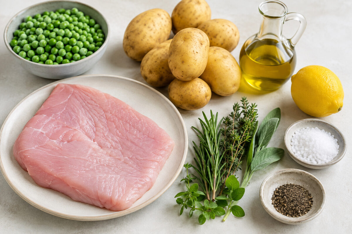 Übersicht aller Zutaten für „Putensteak mit Kartoffelspalten und Erbsen“ auf heller Arbeitsfläche, sauber gruppiert, ohne Verpackungsschrift und ohne fertiges Gericht.