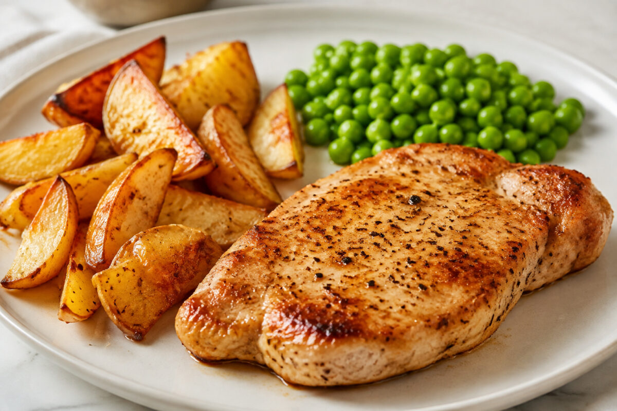 Alternative Perspektive des fertigen Gerichts: Putensteak als klarer Hauptbestandteil; Kartoffeln und Erbsen getrennt und mit sichtbaren Zwischenräumen daneben angerichtet. Kein Eintopf, keine Bowl, keine vermischte One-Pot-Darstellung. Etwas näher aufge…